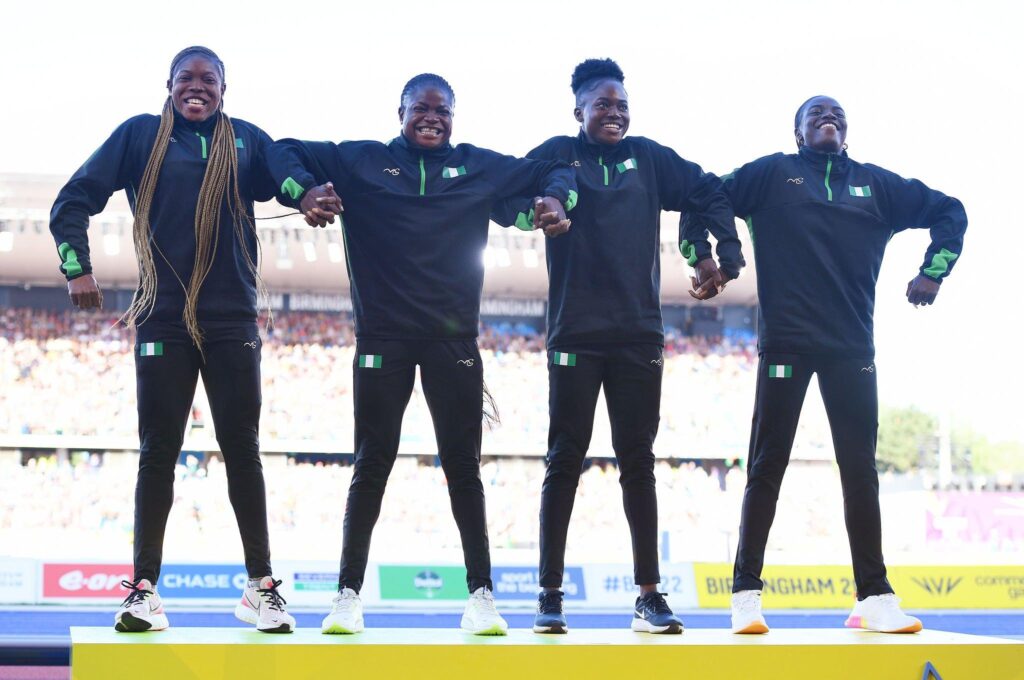 Nigeria's 4x100m relay gold-winning quartet at the Birmingham 2022 Commonwealth Games Grace Nwokocha, Rosemary Chukwuma, Favour Ofili and Tobi Amusan