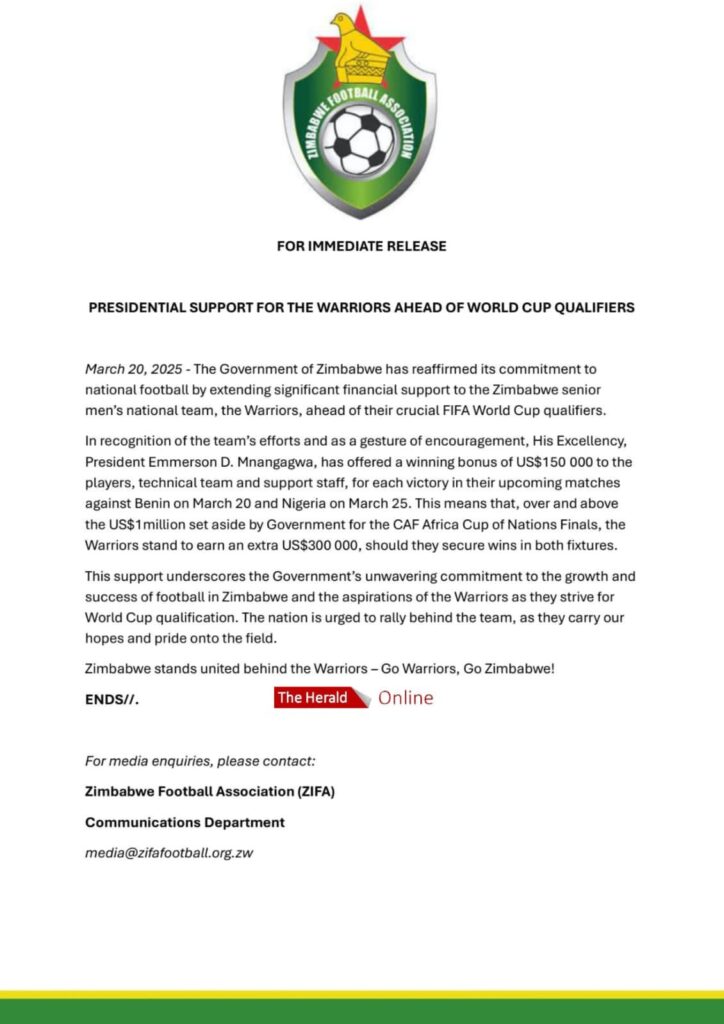 Zimbabwe Government offer $300,000 bonus for Warriors to defeat Benin, Nigeria