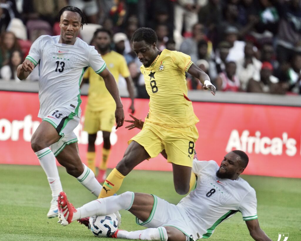 Bruno Onyemaechi and Frank Onyeka in action for Super Eagles