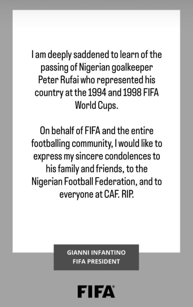 FIFA President Infantino pays tribute to Nigerian legend Peter Rufai