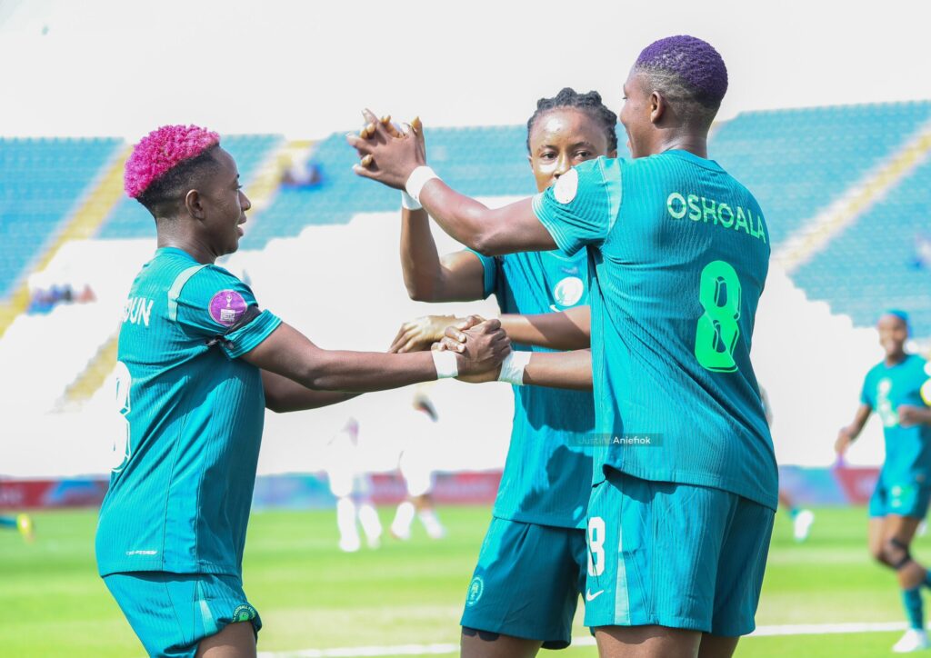 Asisat Oshoala celebrates her goal for Super Falcons against Tunisia with teammates