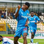 Remo Star's Victor Mbaoma celebrates his goal against Rivers United