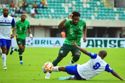 Bright Osayi-Samuel in action against Lesotho in Uyo