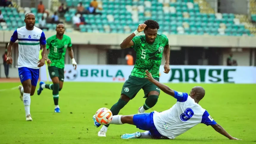 Bright Osayi-Samuel in action against Lesotho in Uyo