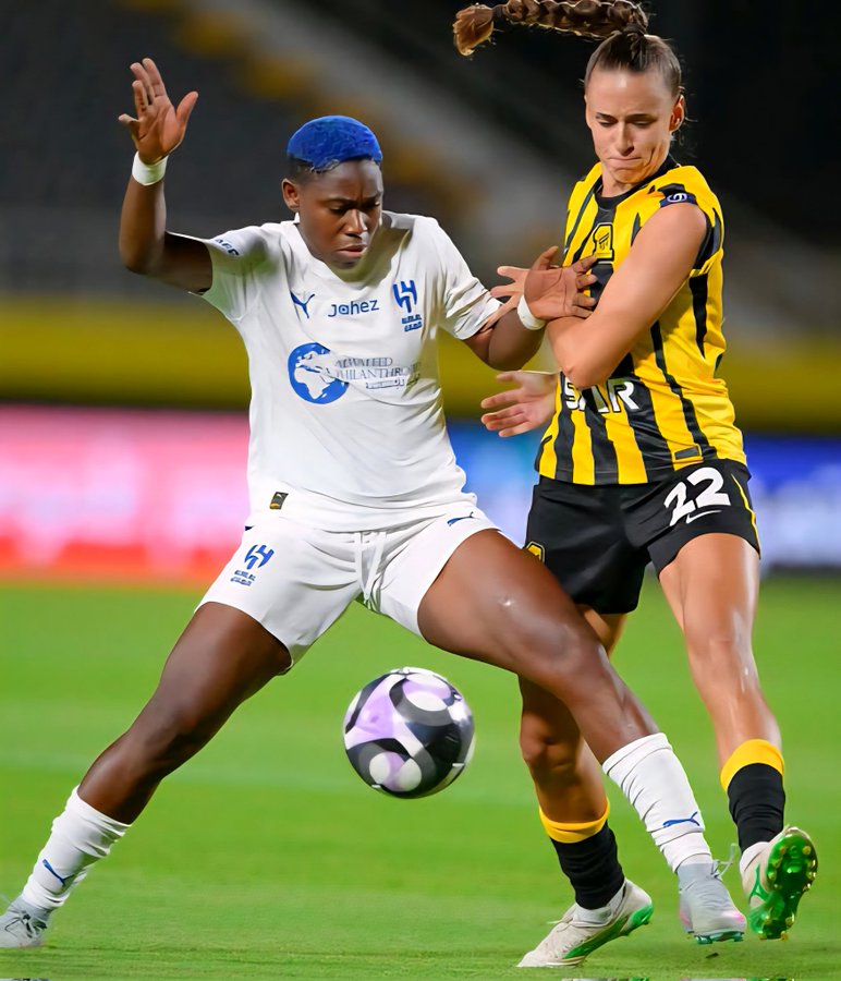 Sisters at war: Asisat Oshoala battles Ashleigh Plymptre for the ball