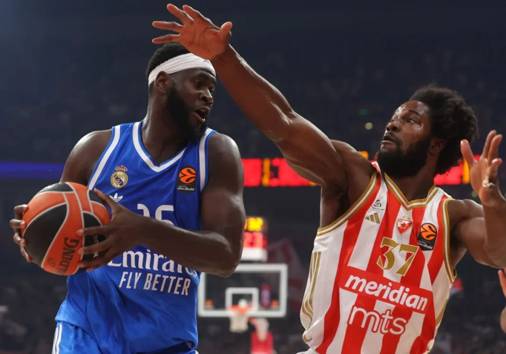 Semi Ojeleye (right) in action against Real Madrid