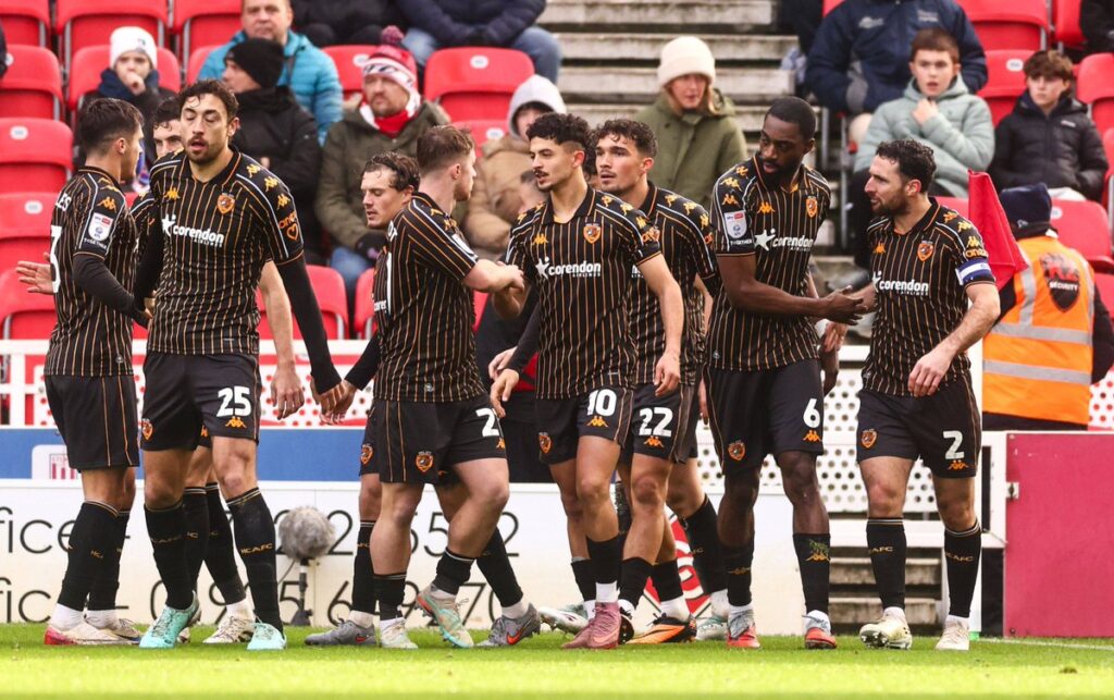Semi Ajayi grabs first goal of the season as Hull defeat Stoke 2–1 38 Semi Ajayi celebrates his goal with teammates