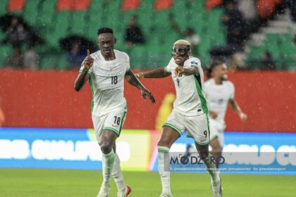 Akor Adams celebrates goal against Gabon.. Photo: Victor Modo