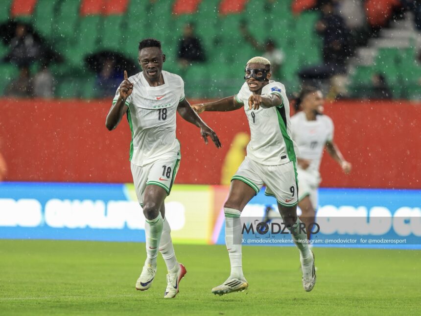 Akor Adams celebrates goal against Gabon.. Photo: Victor Modo