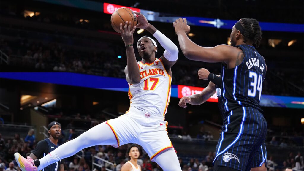 Onyeka Okongwu (left) in action against the Orlando Magic
