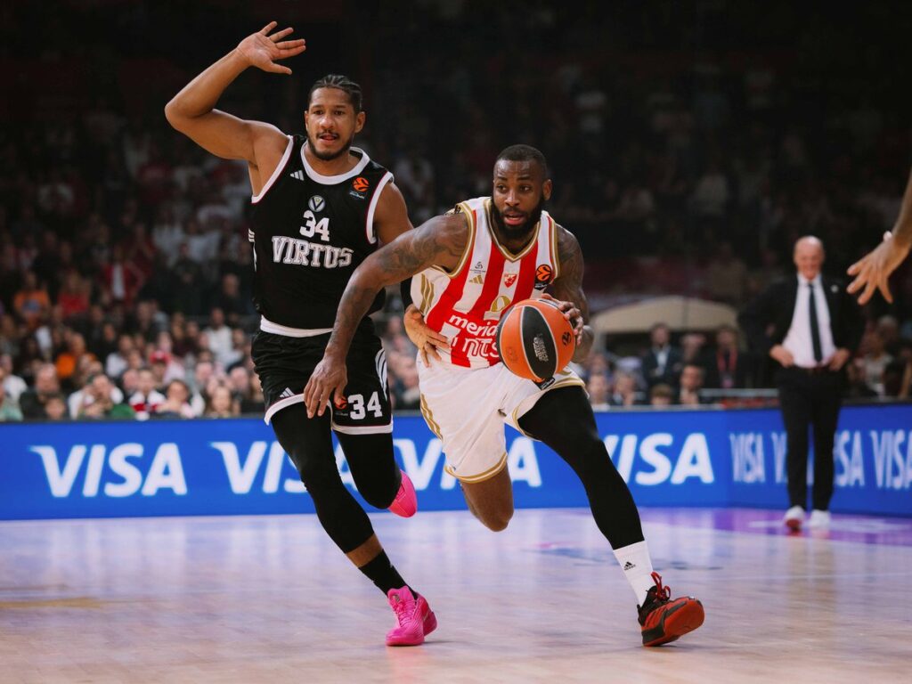 Codi Miller-McIntyre (right) in action for Red Star Belgrade against Bologna