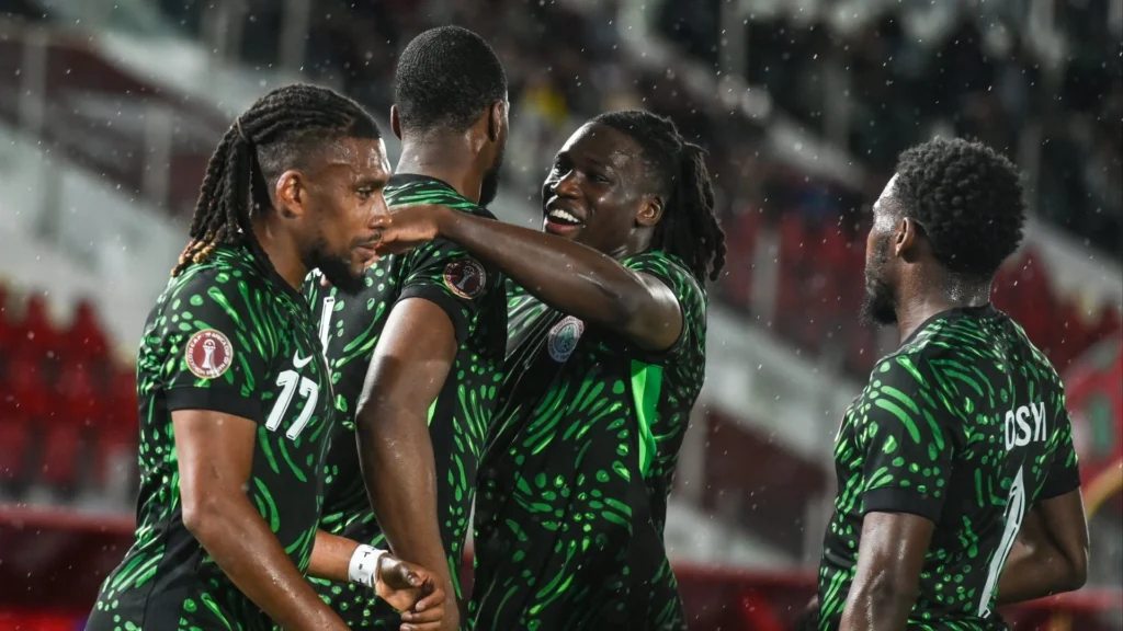 Super Eagles players celebrate a goal