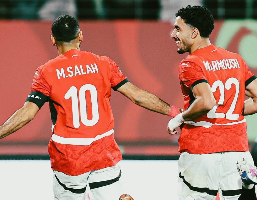 Mohamed Salah celebrates Egypt's late winner over Zimbabwe