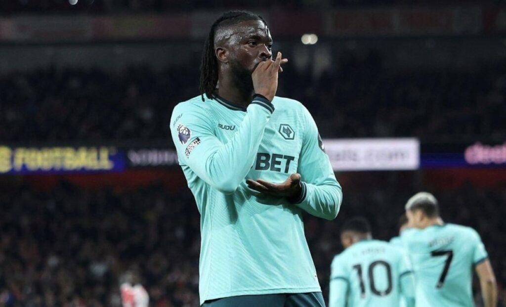 Arokodare celebrates his goal against Arsenal