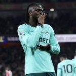 Arokodare celebrates his goal against Arsenal