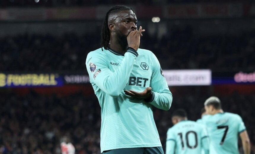 Arokodare celebrates his goal against Arsenal