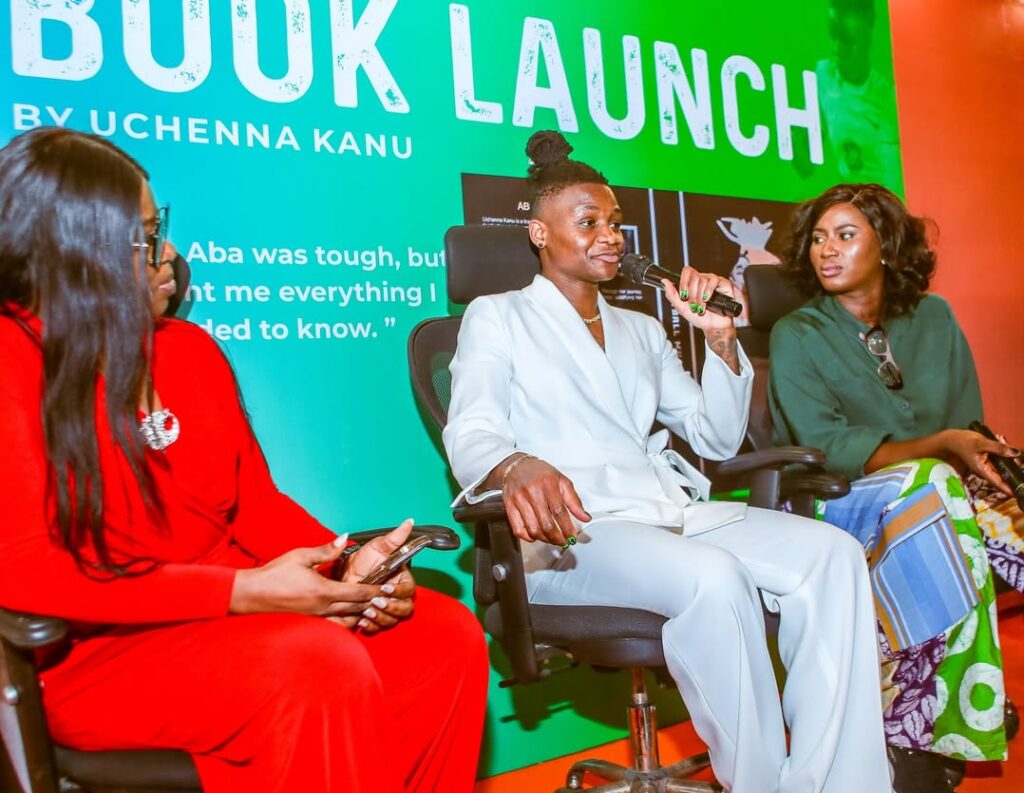 Uchenna Kanu (middle) flanked by Channels TV's Cecilia Omoregbe (left) and Suo Chapelle during the fireside chat at the book launch on December 2 in Lagos