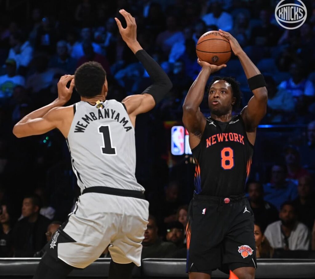 OG Anunoby shoots the ball over the 7ft, 4in Victor Wembanyama