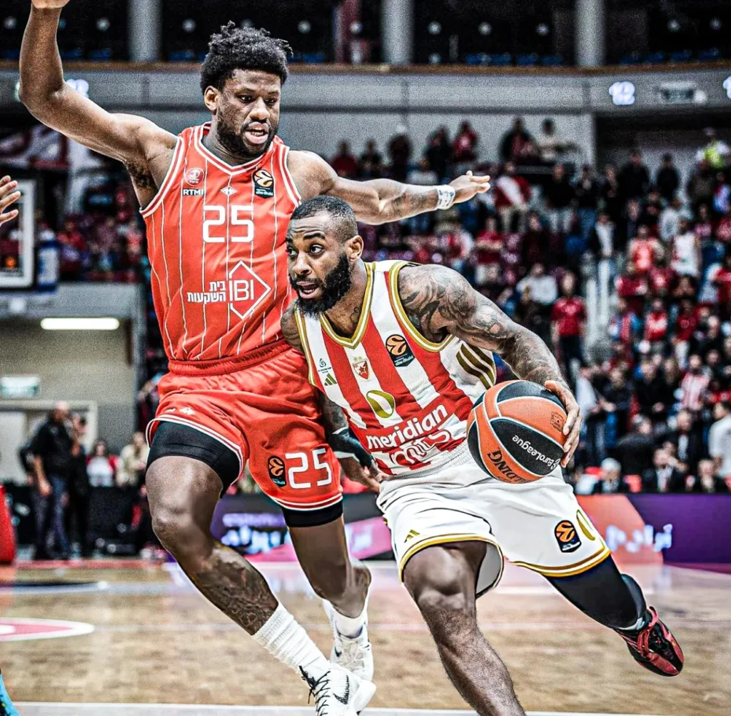 Daniel Oturu (left) defending against Red Star's Codi Miller-McIntyre