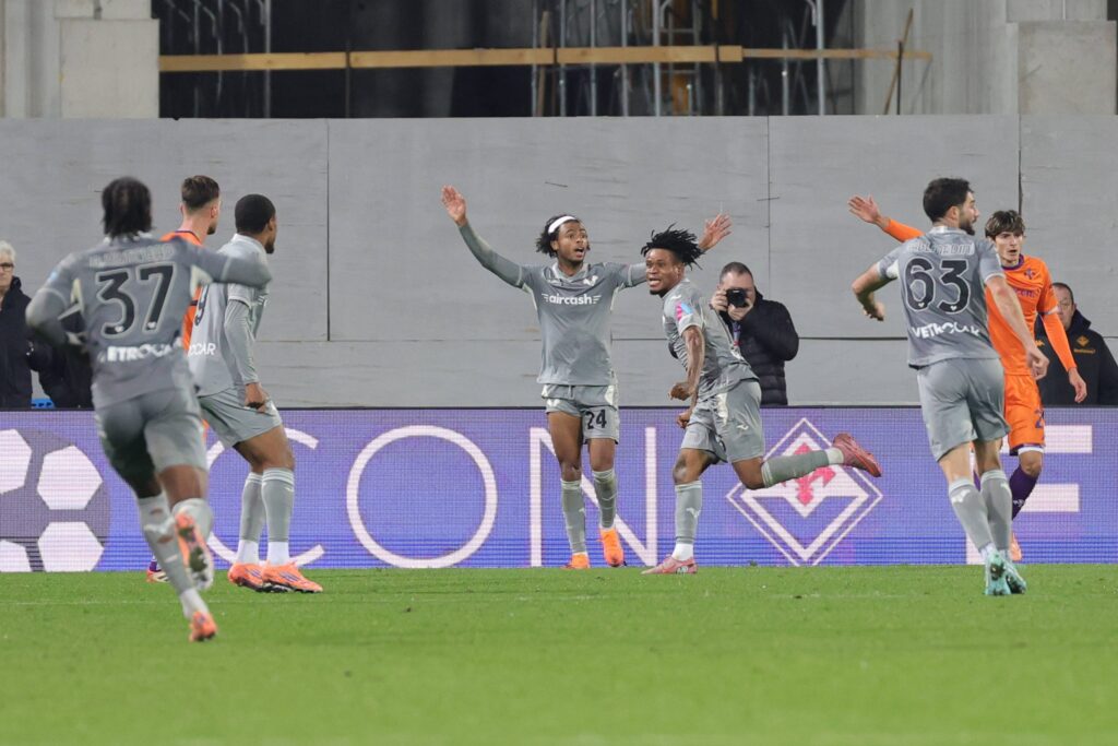 Gift Orban celebrates his goal with teammates