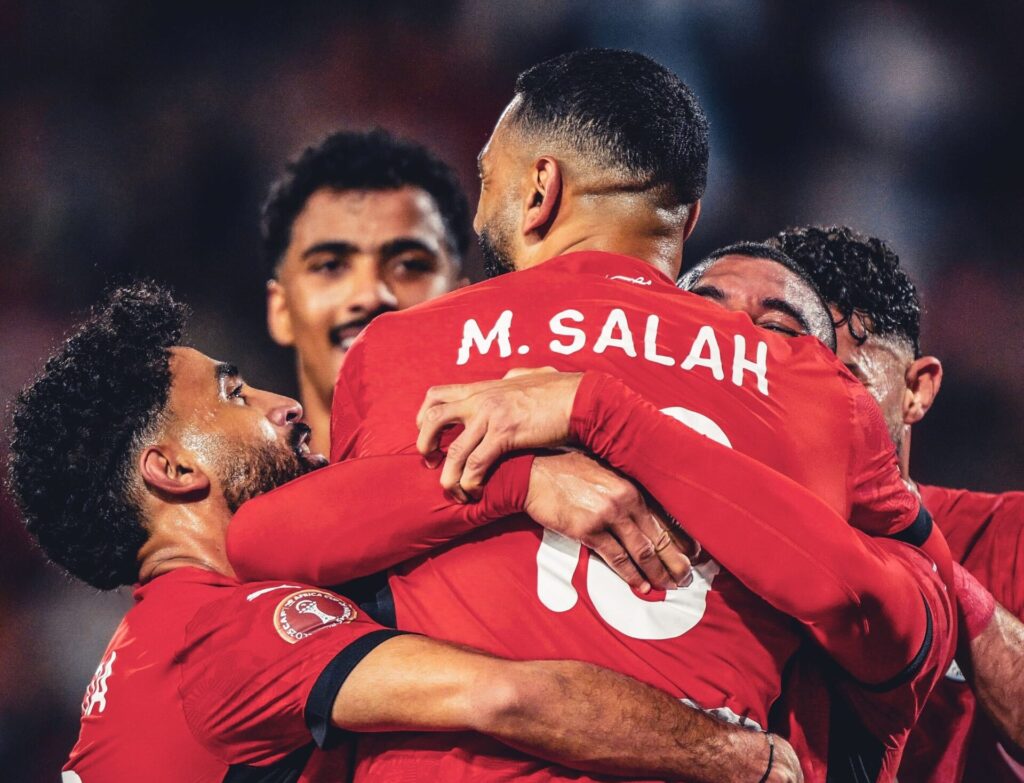 Egypt's Mohamed Salah celebrates a goal with teammates at AFCON 2025