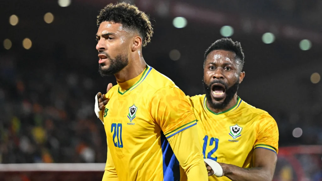 Gabonese players celebrate a goal