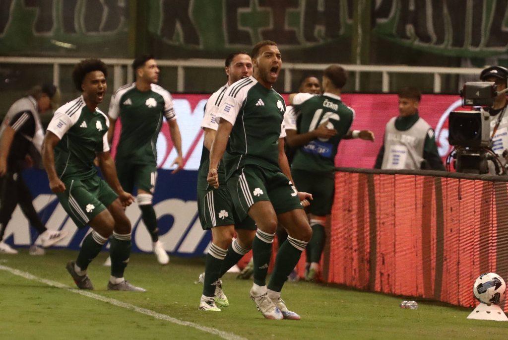 Cyriel Dessers celebrates a goal with Panathinaikos teammates