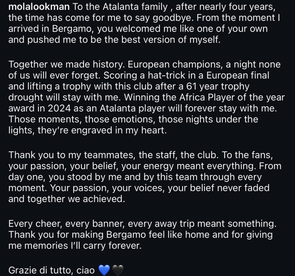 ‘It’s time to say goodbye’: Lookman pens emotional farewell message to Atalanta supporters