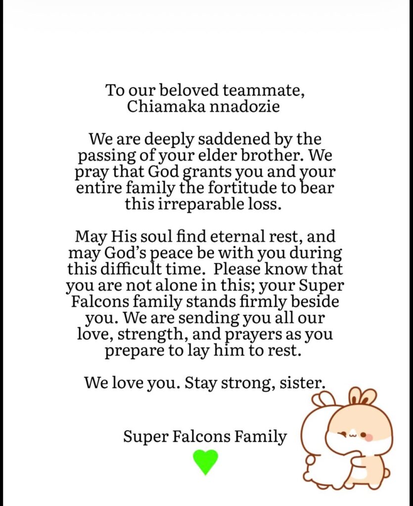 Super Falcons send condolences to Nnadozie after elder brother’s burial
