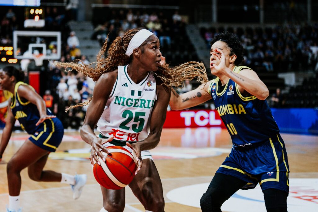 D'Tigress center Victoria Macaulay in action against Colombia