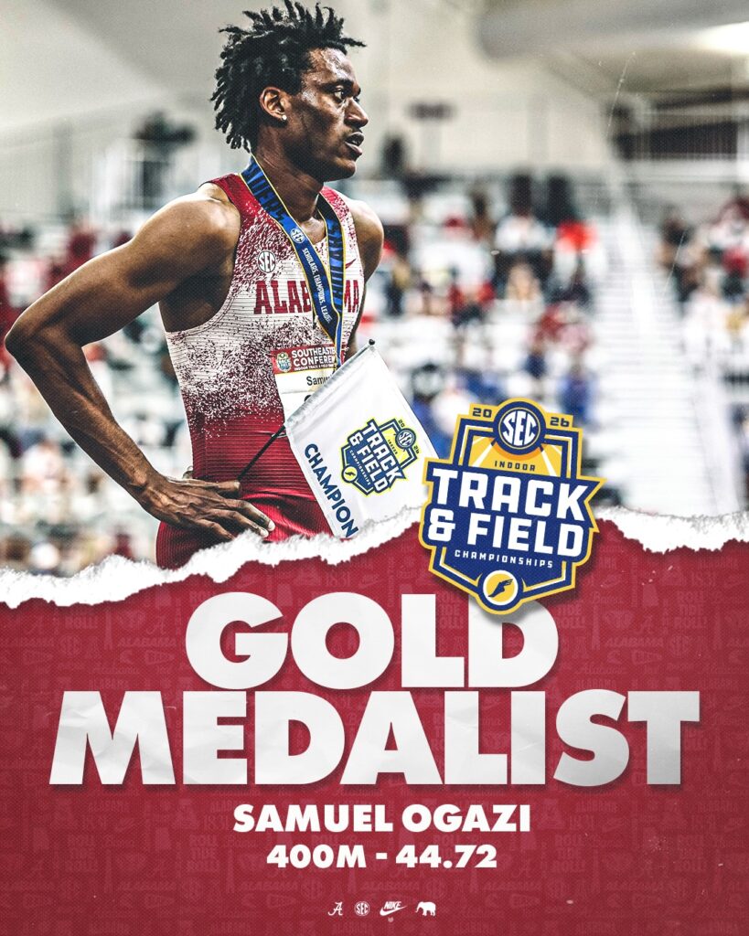 Samuel Ogazi breaks African record, wins SEC Indoor 400m in 44.72s
