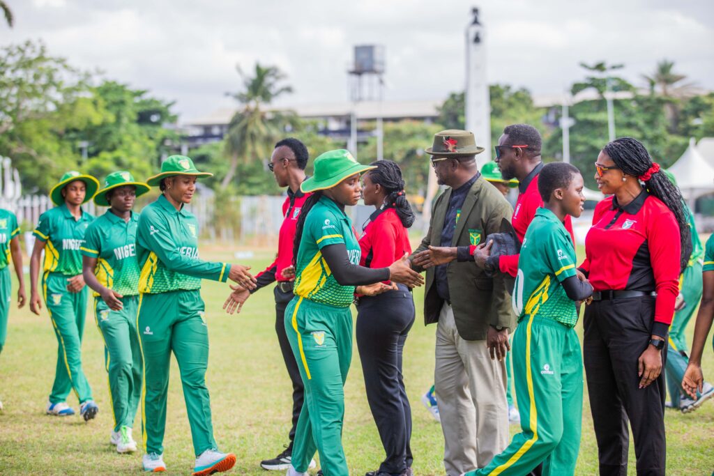 Lucky Piety shines as Nigeria edge South Africa in super over thriller, Zimbabwe smash record in Lagos 38 Captain Lucky Piety leads team Nigeria out as they exchange pleasantries