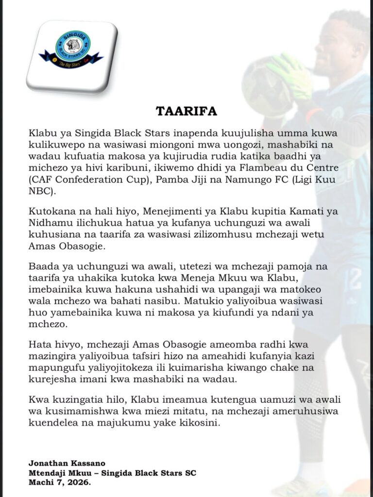 Singida Black Stars club statement on Amas Obasogie