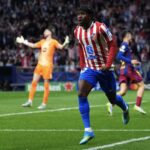 Ademola Lookman celebrates goal for Atletico Madrid against Barcelona in Champions League
