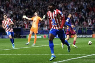 Ademola Lookman celebrates goal for Atletico Madrid against Barcelona in Champions League