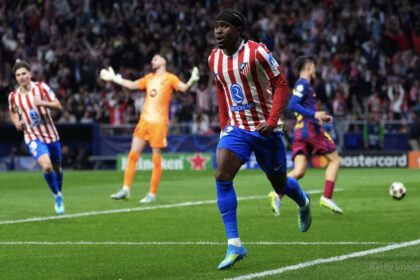Ademola Lookman celebrates goal for Atletico Madrid against Barcelona in Champions League