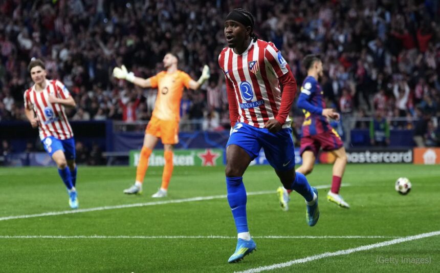 Ademola Lookman celebrates goal for Atletico Madrid against Barcelona in Champions League