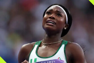 Favour Ofili competing for Nigeria at an international athletics event