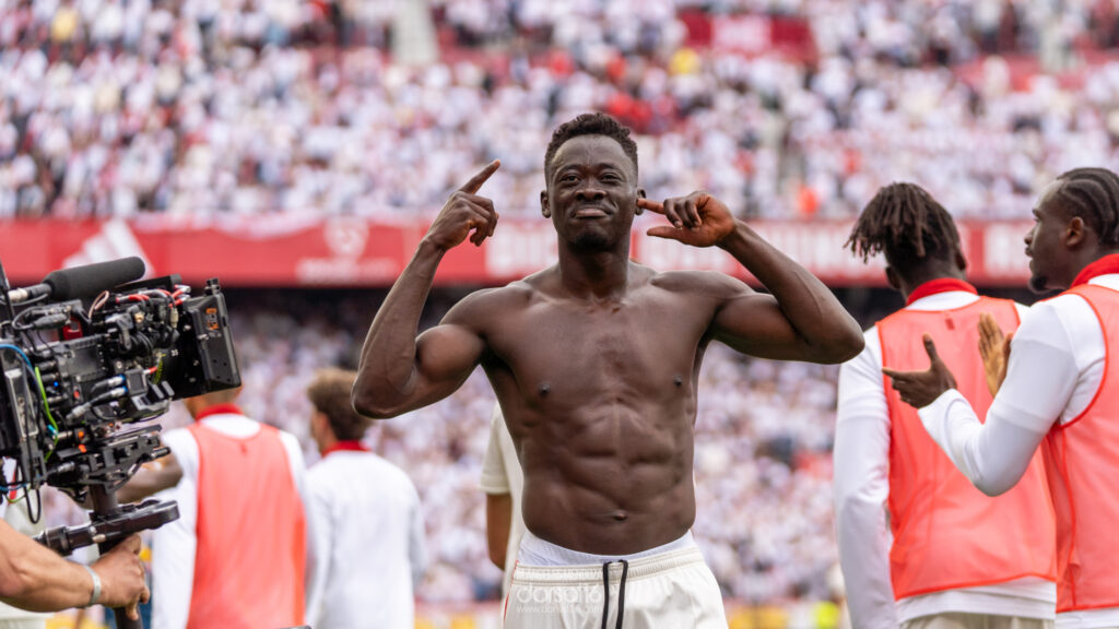 Akor Adams reacts after dramatic late winner fires Sevilla past Espanyol 2-1 38 Akor Adams celebrates after scoring Sevilla’s last-minute winning goal against Espanyol in La Liga