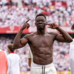 Akor Adams celebrates after scoring Sevilla’s last-minute winning goal against Espanyol in La Liga