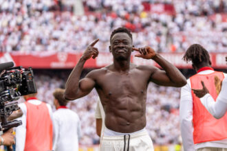 Akor Adams celebrates after scoring Sevilla’s last-minute winning goal against Espanyol in La Liga