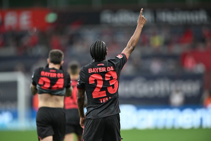 Nathan Tella celebrates after scoring for Bayer Leverkusen against RB Leipzig in the Bundesliga