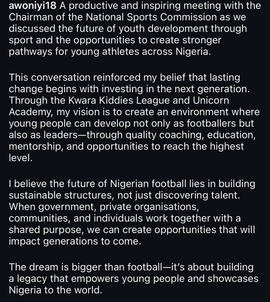Taiwo Awoniyi meets with NSC chairman Shehu Dikko to discuss youth development through sport