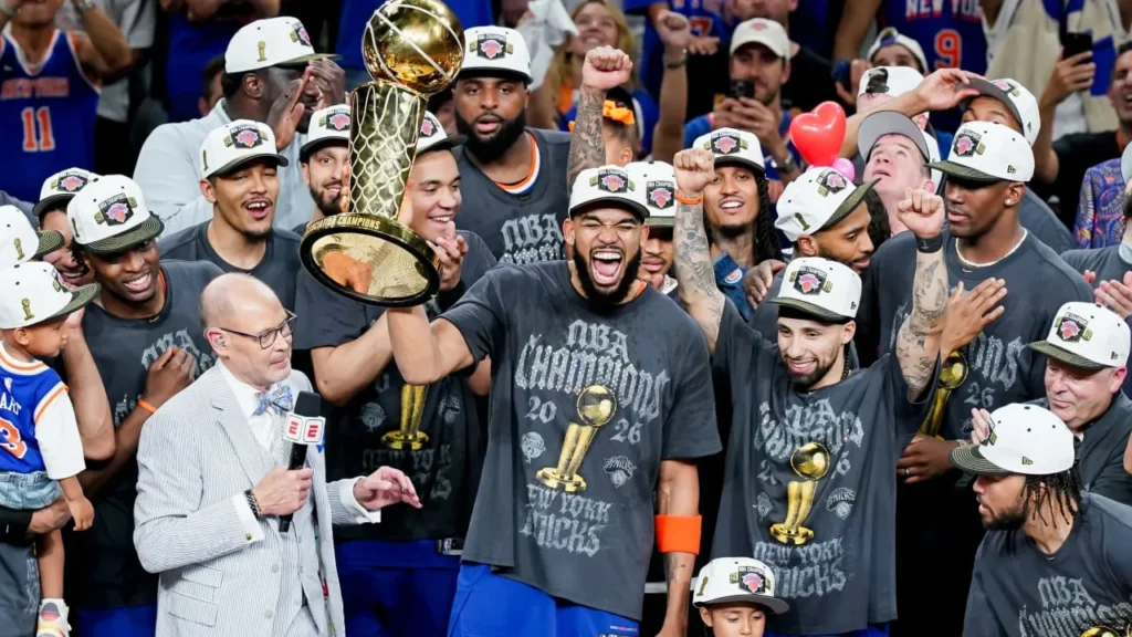 The New York Knicks celebrate their NBA Championship win