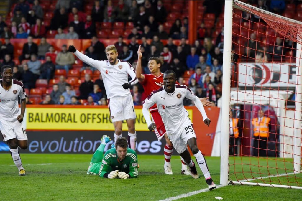 Abiola Dauda celebrates scoring for Scottish side Hearts