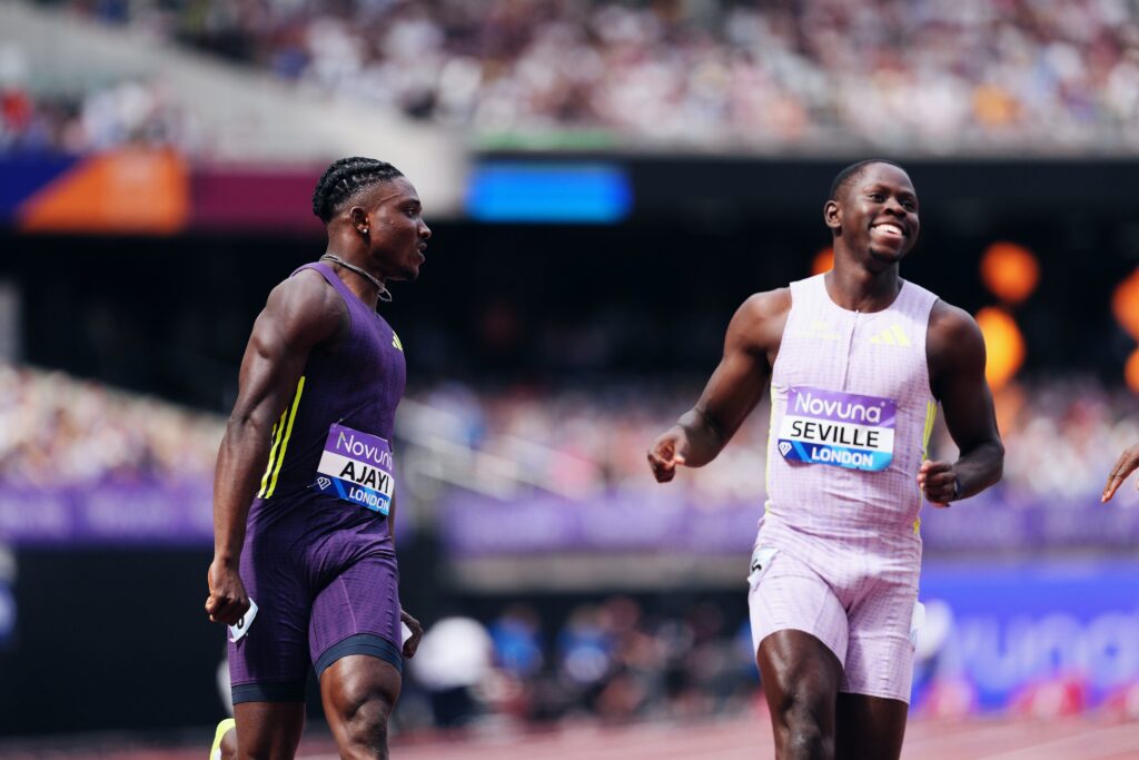 Kanyinsola Ajayi storms to London Diamond League victory in 9.84 seconds 39 Kanyinsola Ajayi (left) looks at Jamaica's Oblique Seville after his victory