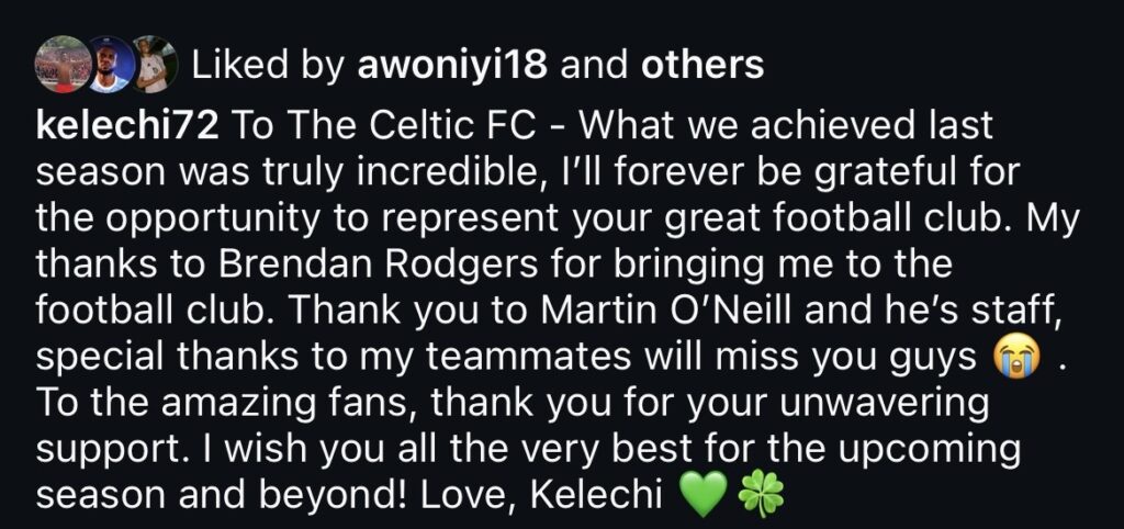 ‘I’ll forever be grateful’: Kelechi Iheanacho bids farewell to Celtic after Bursaspor move