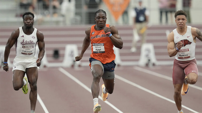 Kanyinsola Ajayi competes in the men’s 100m after breaking Nigeria’s national record