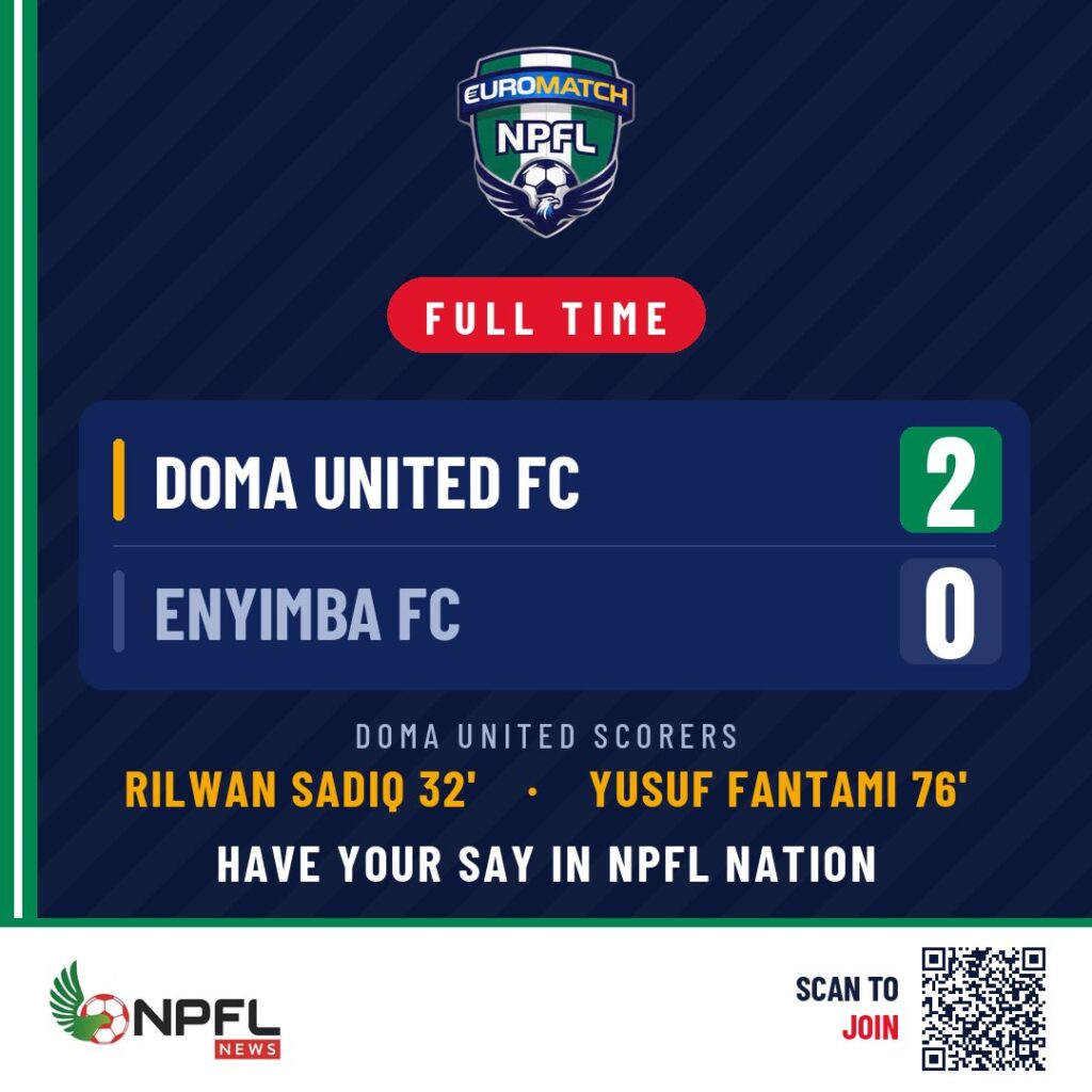 Doma United maintain perfect NPFL start with 2-0 victory over Enyimba 39 Doma United maintain perfect NPFL start with 2-0 victory over Enyimba
