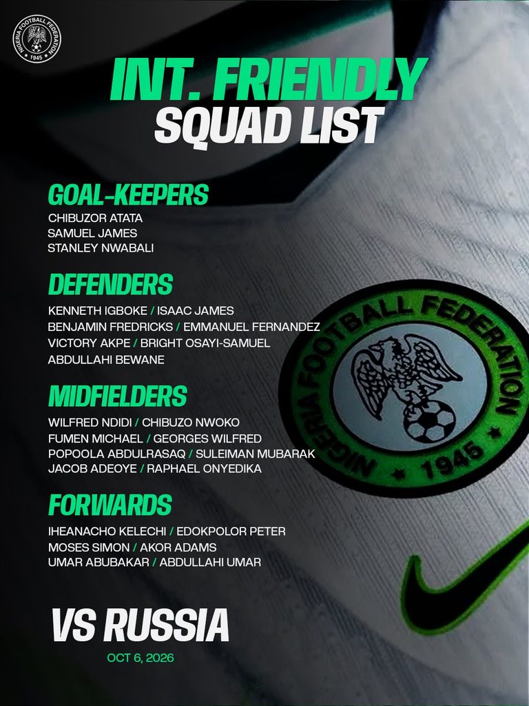 Chelle names 11 debutants for Super Eagles friendly against Russia